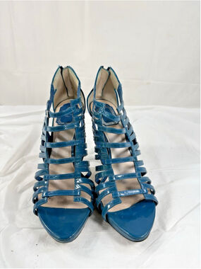 CHRISTIAN DIOR Blue Patent Leather Caged Strappy Heel Sandals size 39.5